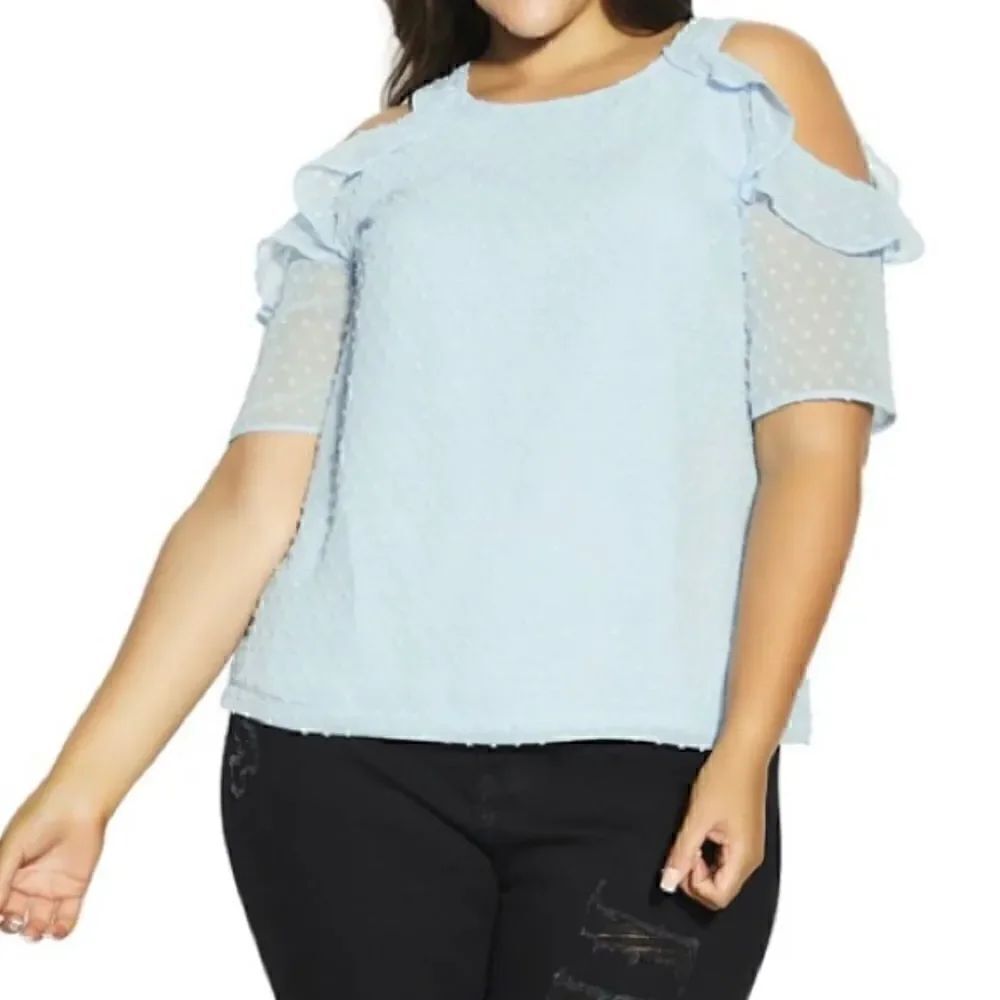 NWT City Chic Ella Dobby Sleeve Top Cold Shoulder Swiss Dot Blue Size XXS